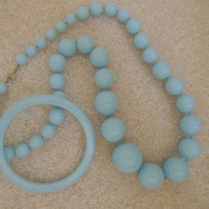 Necklace + Matching Bangle Bracelet Baby Blue Costume Jewelry Set Vtg 60s